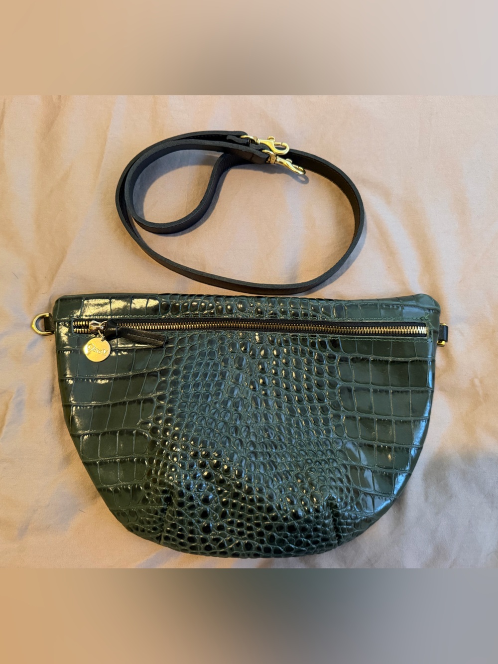 Clare V. Grande Fanny Dark Green Croc-Embossed Leather Bag